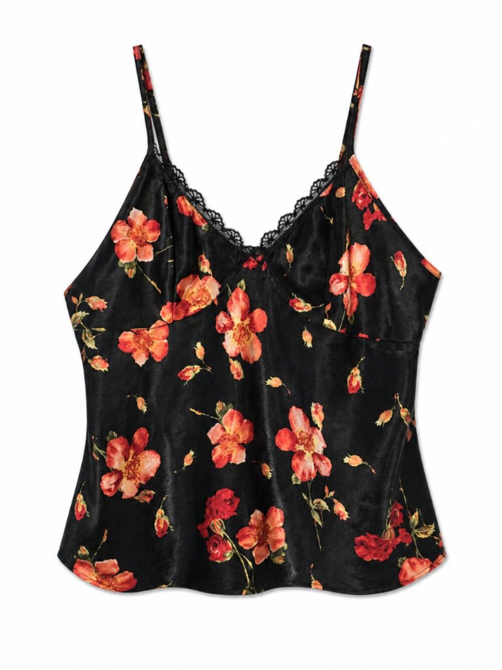 Secret Treasures Y2K Black Camisole with Red Floral Design Size Large